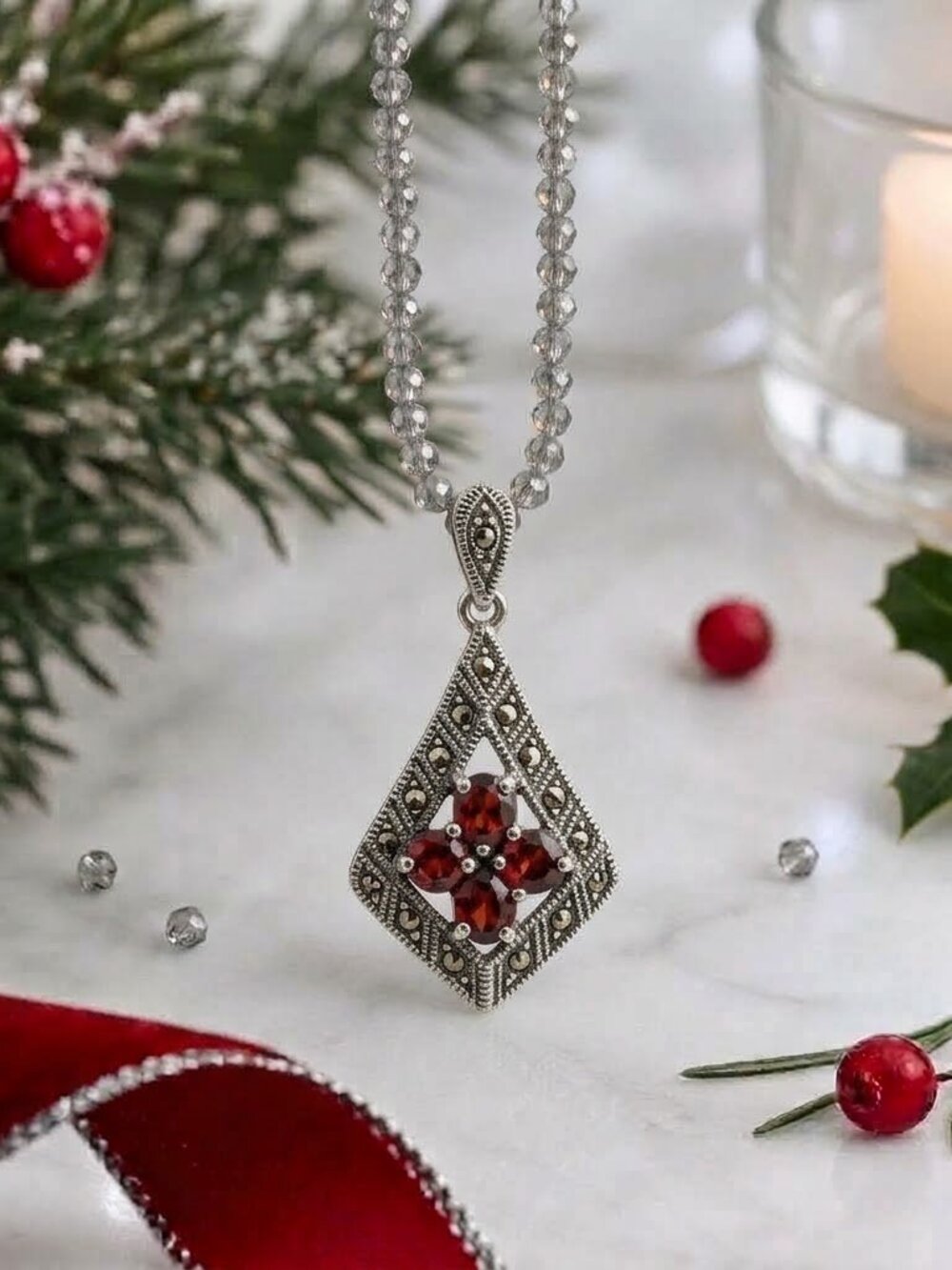 Vintage Marcasite Garnet Pendant Diamond Necklace.